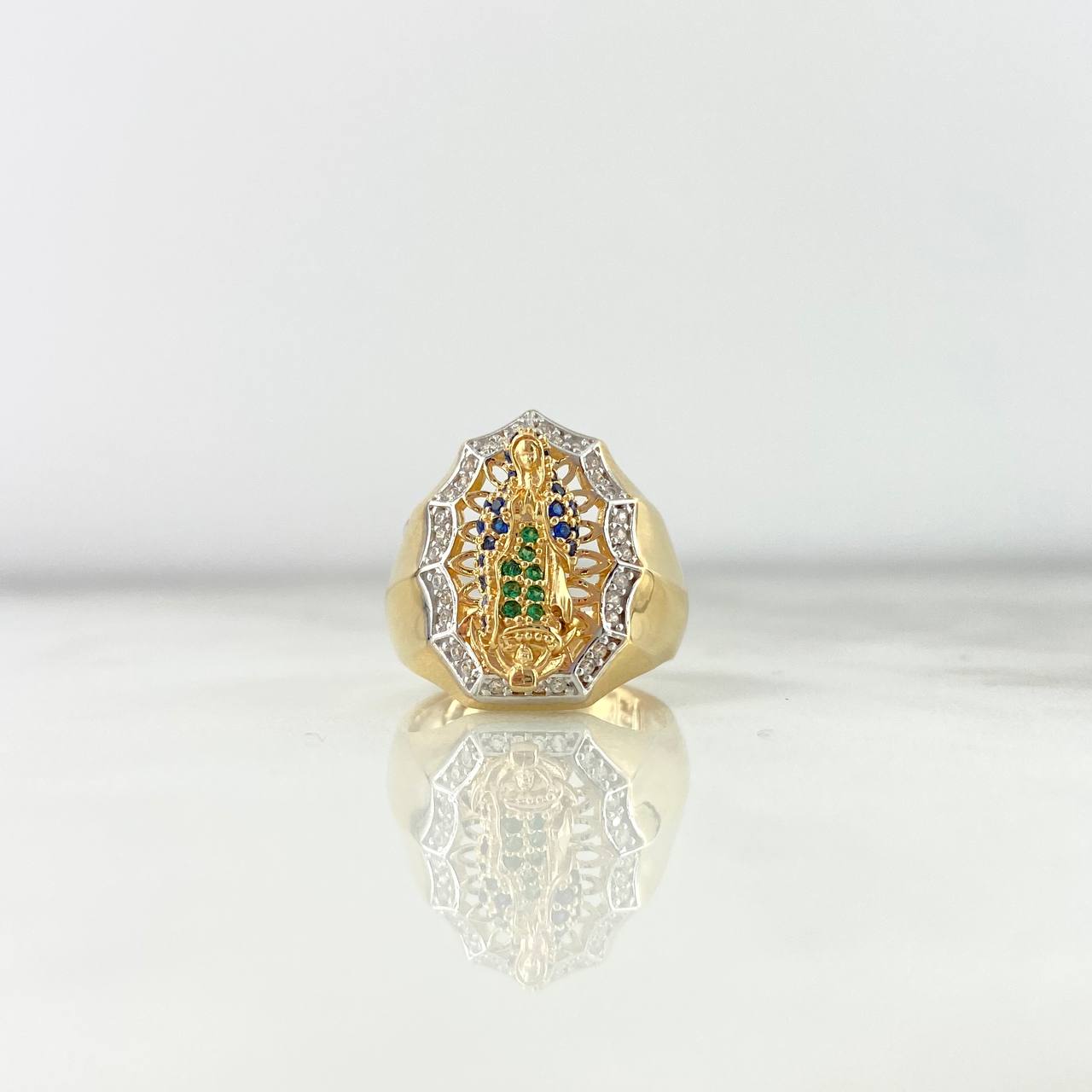 Anillo Virgen Guadalupe 7.15gr / T5 1/2 / Circones Blancos-Verdes-Azules Dos Oros Amarillo Blanco