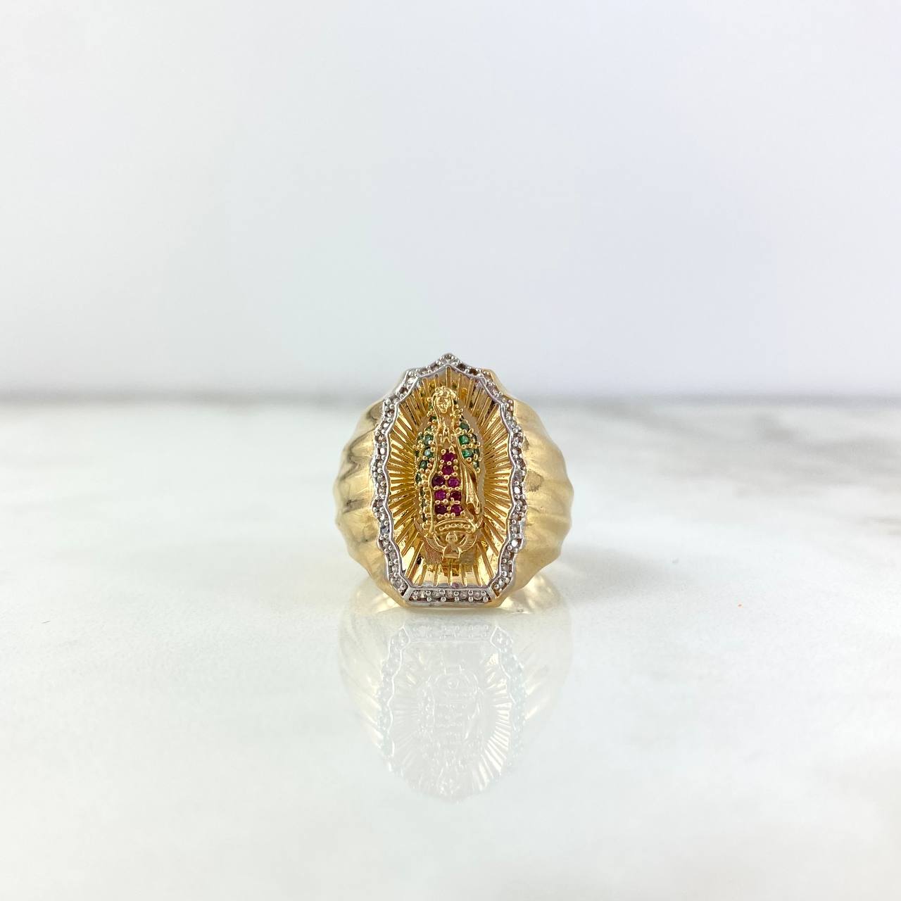 Anillo Virgen Guadalupe 10.4gr / T9 3/4 / Circones Blancos-Verdes-Fucsias Dos Oros Amarillo Blanco