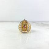 Anillo Virgen Guadalupe 10.4gr / T9 3/4 / Circones Blancos-Verdes-Fucsias Dos Oros Amarillo Blanco