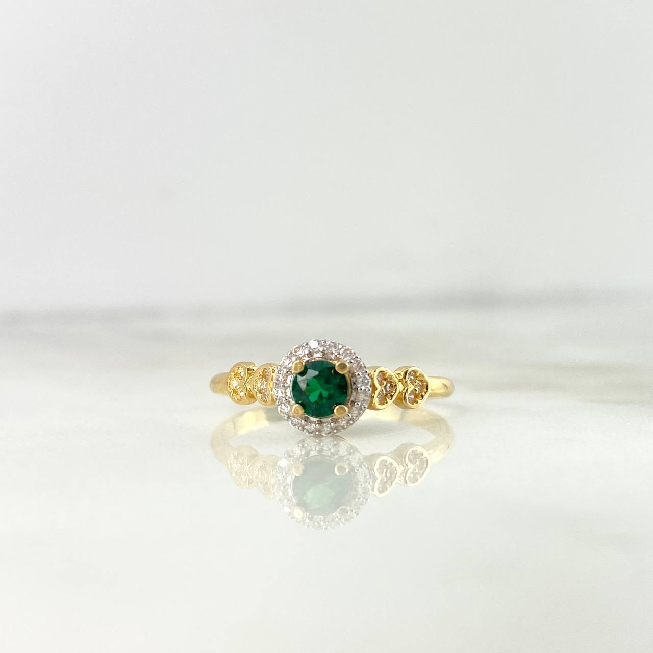 Anillo Solitario Halo Corazón 2.15gr / T6 3/4 / Circones Blancos-Verdes Oro Amarillo