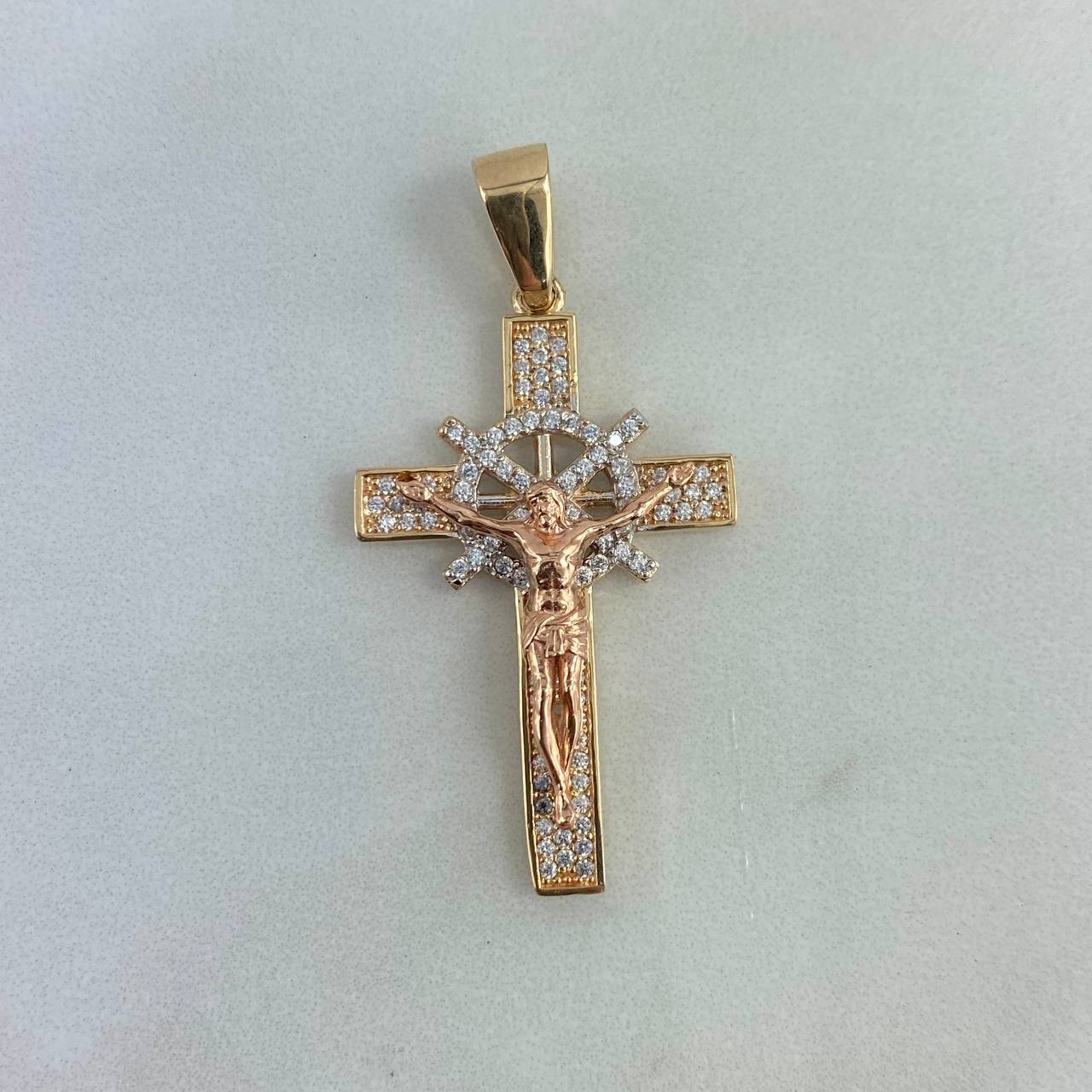 Dije Cristo Cruz Timon 5.35gr / 4.1cm / Circones Blancos Dos Oros Amarillo Rosa *