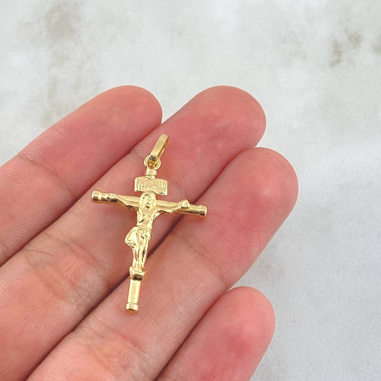 Dije Cristo Cruz 1.2gr / 2.8cm / Bastón Liso Oro Amarillo 18K *