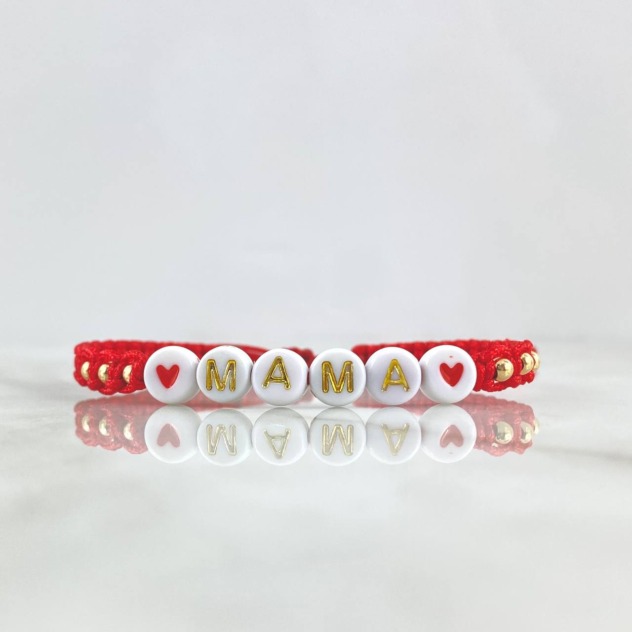 Pulsera Roja Mama Corazonada 0.35gr / 3mm Bolas Lisas 6 und Oro Amarillo *