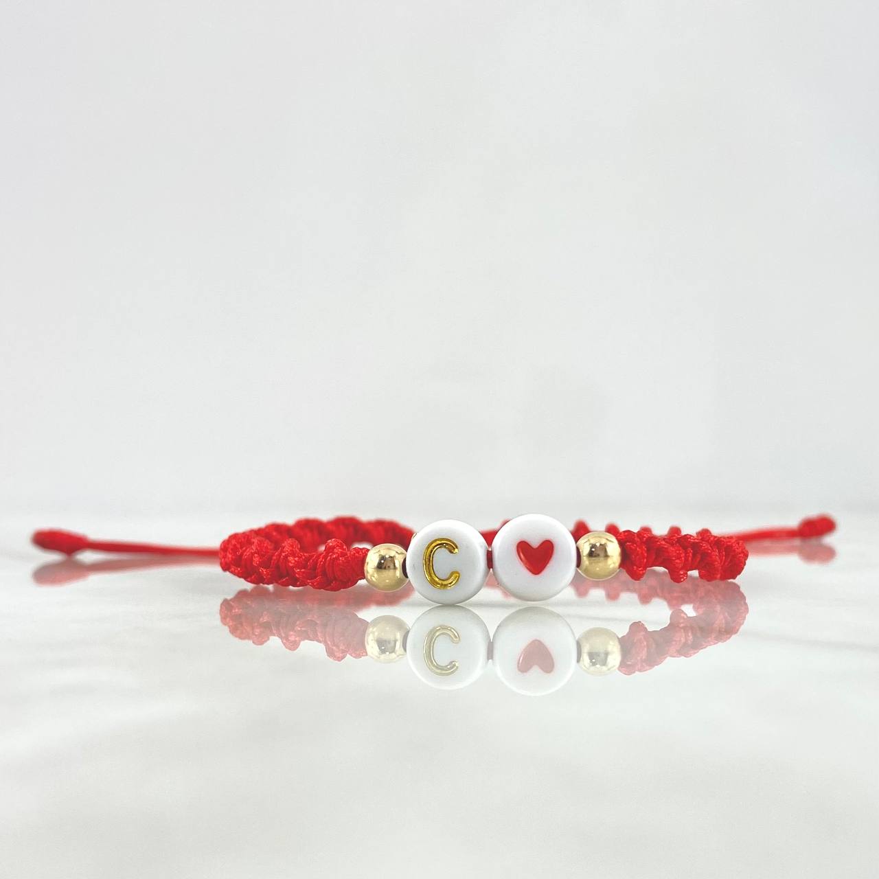 Pulsera Roja Letra C Corazon 0.2gr / 4mm Bolas Lisas 2 und Oro Amarillo *