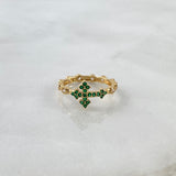 Anillo Cruz 2.6gr / T6 1/2 / Circones Blancos-Verdes Oro Amarillo