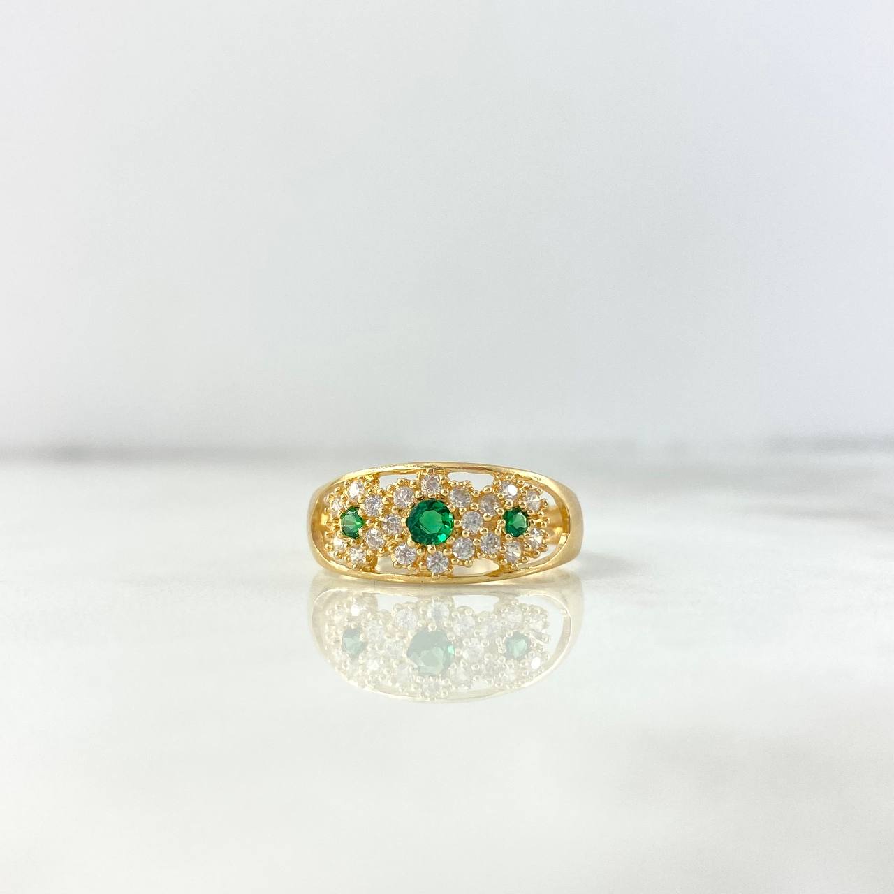 Anillo Tres Flores 2.85gr / T8 1/4 / Circones Blancos Verdes Oro Amarillo