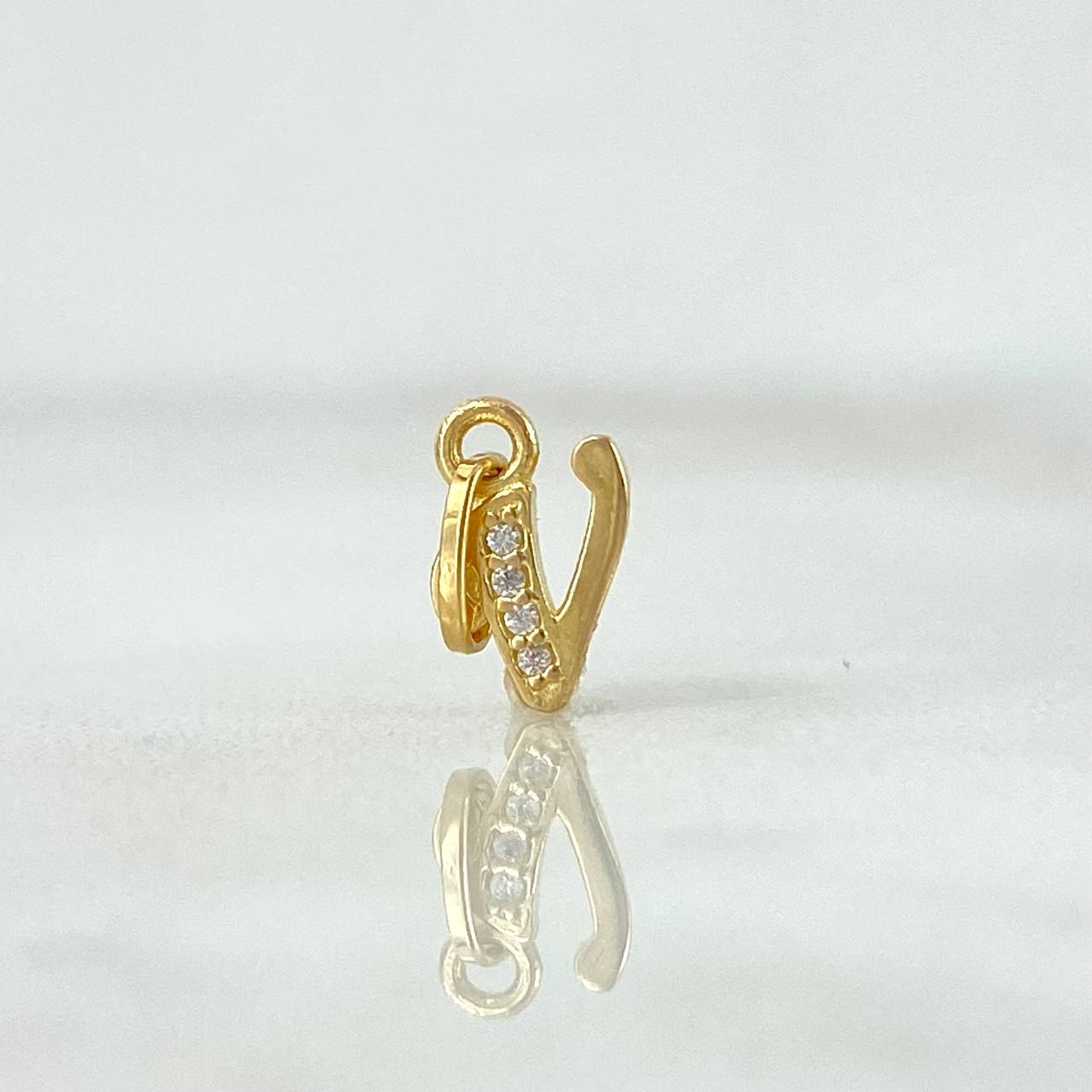 Dije Letra V Cursiva 0.3gr / 1cm / Circones Blancos Oro Amarillo