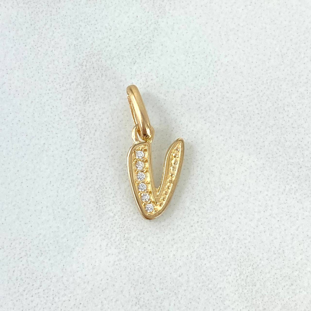 Dije Letra V Silueta 0.7gr / 1.6cm / Circones Blancos Oro Amarillo 18K *