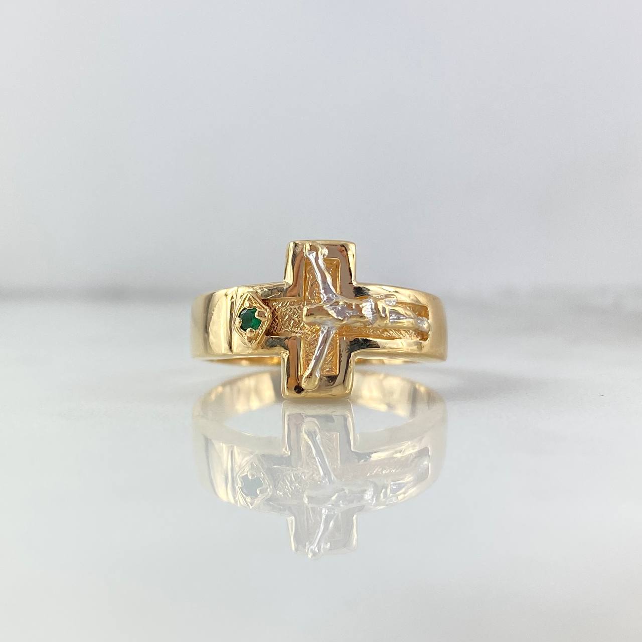 Anillo Cruz Cristo 6.4gr / T11 1/2 / Circon Verde Dos Oros Amarillo Blanco *