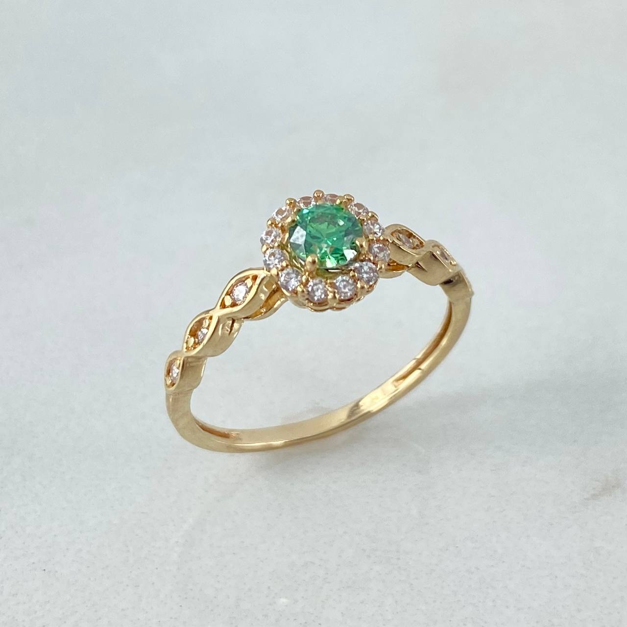 Anillo Solitario Halo 2gr / T6 1/4 / Circular Circon Verde Blancos Oro Amarillo