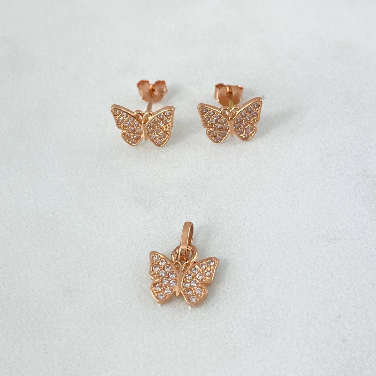 Set Mariposa 2.1gr DIje / 1.3cm + Topos Circones Blancos Oro Rosa (A.C)