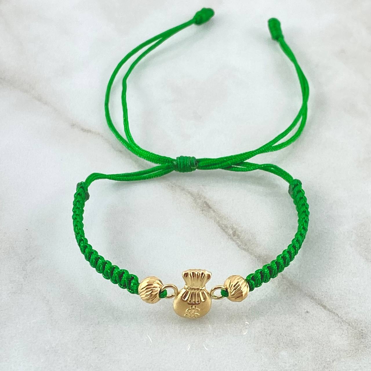 Pulsera Verde Herraje Bolsa de Dinero 0.95gr / 5mm Bolas Diamantadas 2 Und Oro Amarillo 18K