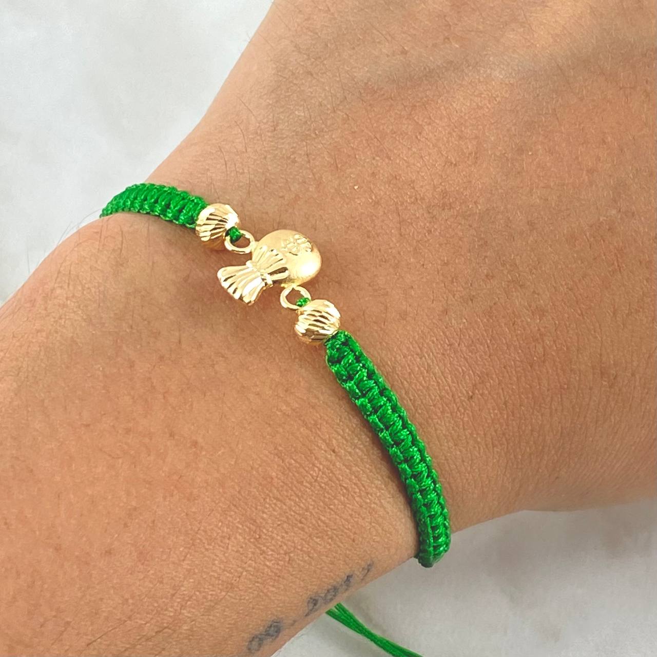 Pulsera Verde Herraje Bolsa de Dinero 0.95gr / 5mm Bolas Diamantadas 2 Und Oro Amarillo 18K