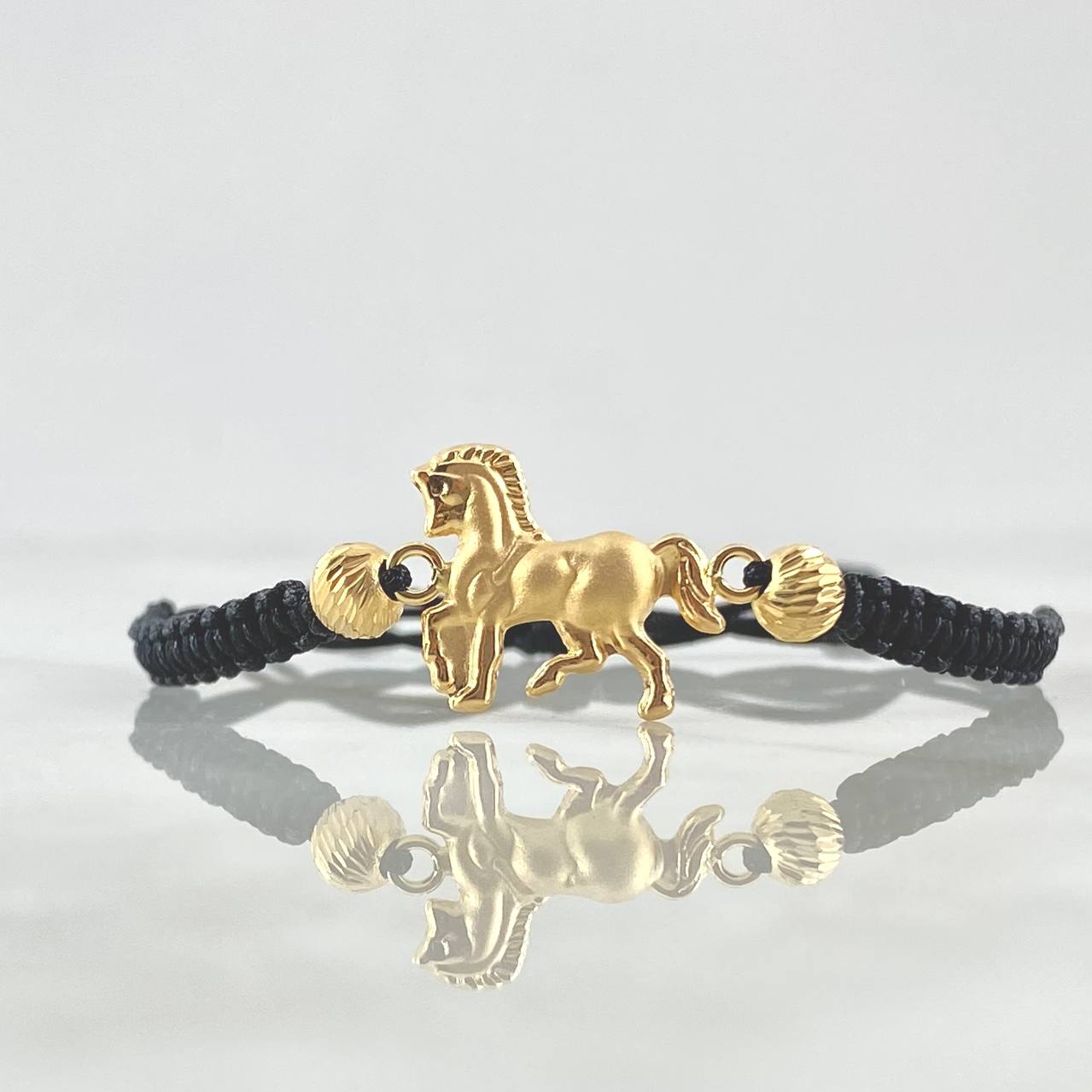 Pulsera Negra Herraje Caballo Mate 1.4gr / 5mm Bolas Diamantadas 2 Und Oro Amarillo 18K