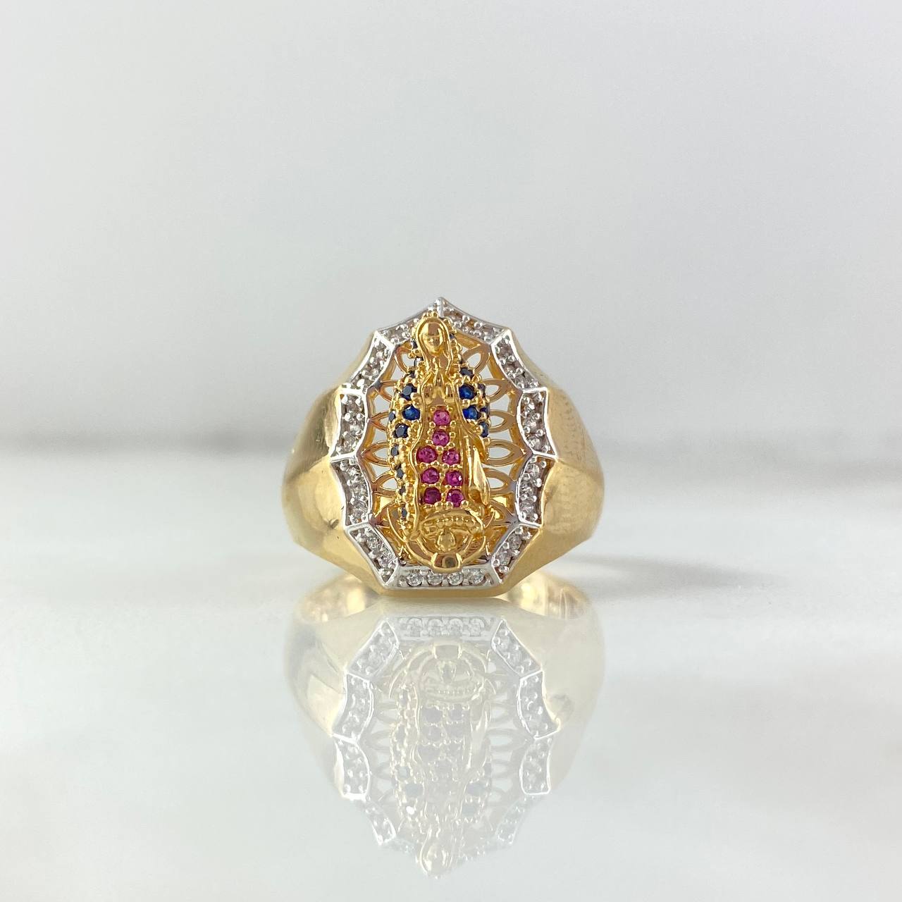 Anillo Silueta Virgen Guadalupe 7.05gr / T8 1/4 / Circones Blancos Fucsias Azules Dos Oros Amarillo Blanco