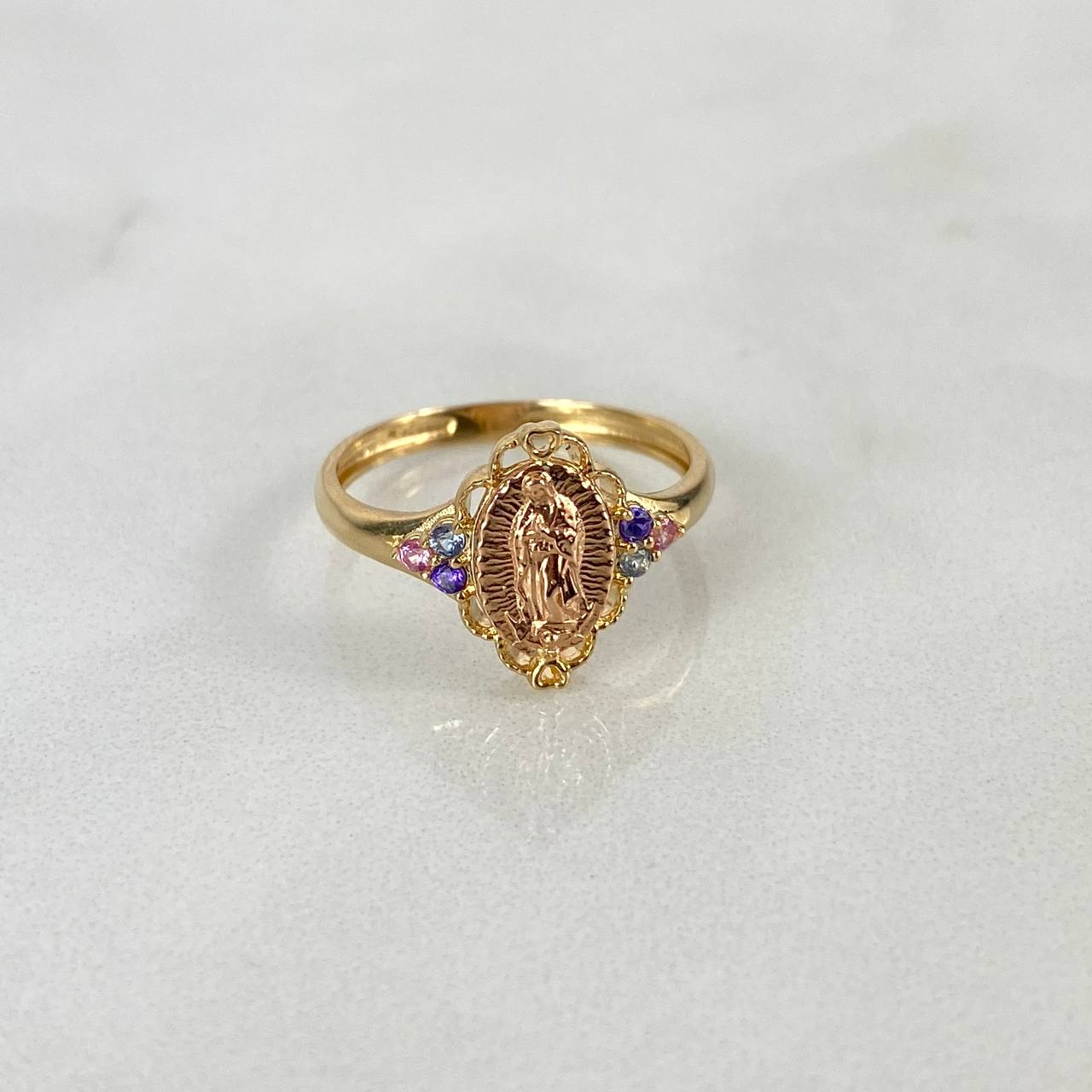 Anillo Virgen Guadalupe 2.3gr T6 1/4 Circones Pastel Dos Oros Amarillo Rosa