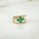 Anillo Rombo Flor 2.85gr T7 1/4 Circones Verdes Blancos Dos Oros Amarillo Blanco