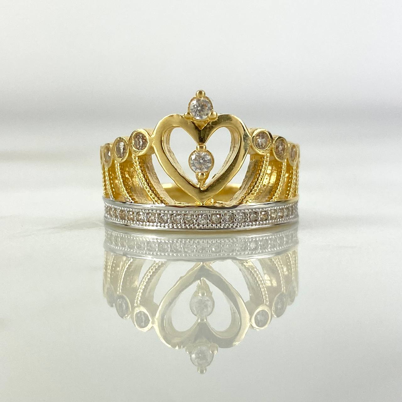 Anillo Corona Corazón 15s 4.85gr T6 Circones Blancos Dos Oros Amarillo Blanco