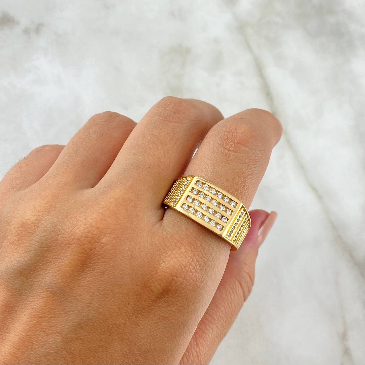 Anillo Lineas 10gr / T10 3/4 / Rectangulo Circones Blancos Oro Amarillo