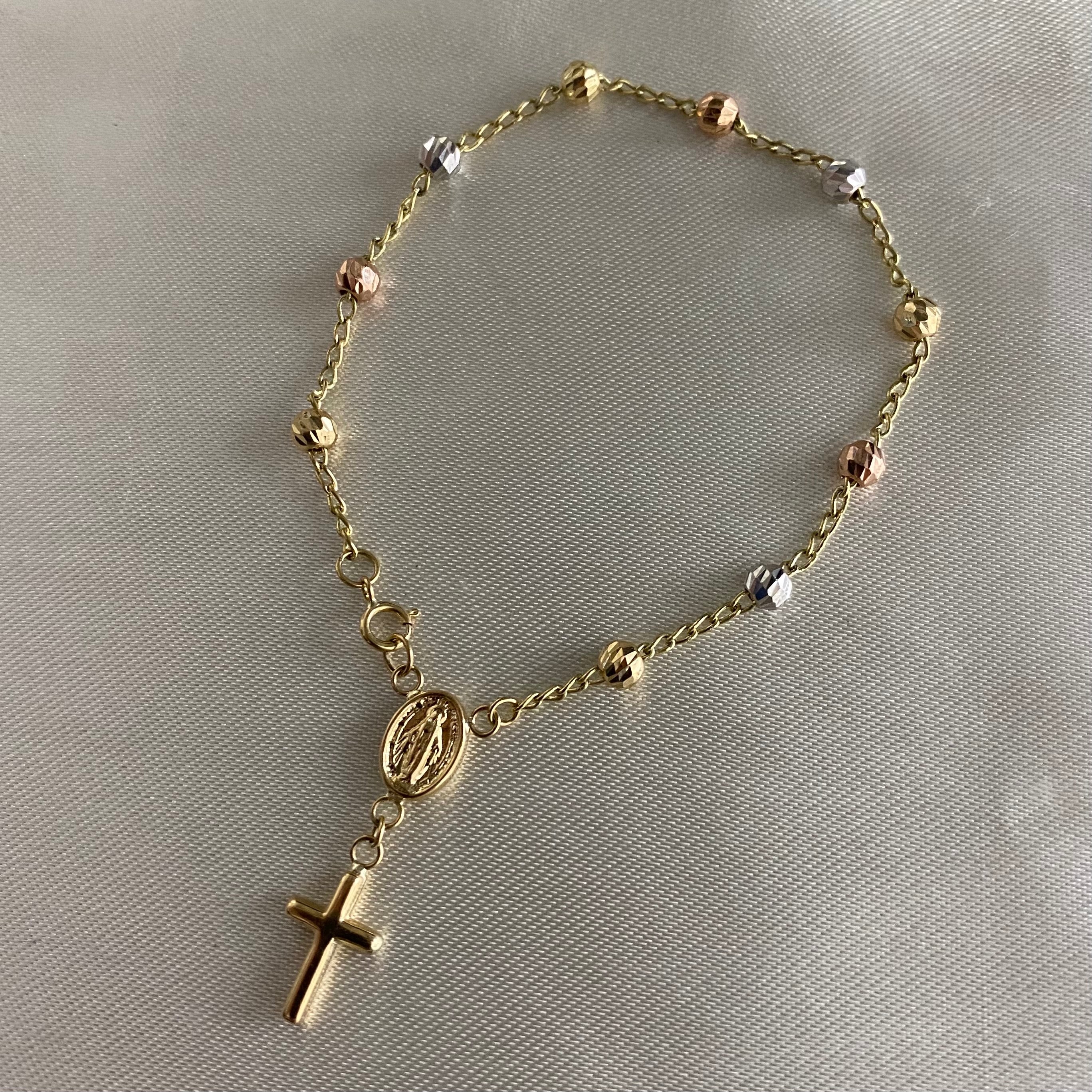 Pulso Denario 2.8gr/17cm Virgen Milagrosa Tres Oros Bolas Diamantadas