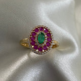 Anillo Coctel Italiano 2.75gr-T8 36pts Rubies 18pts Esmeralda Circones Blancos Oro Amarillo