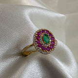 Anillo Coctel Italiano 2.75gr-T8 36pts Rubies 18pts Esmeralda Circones Blancos Oro Amarillo