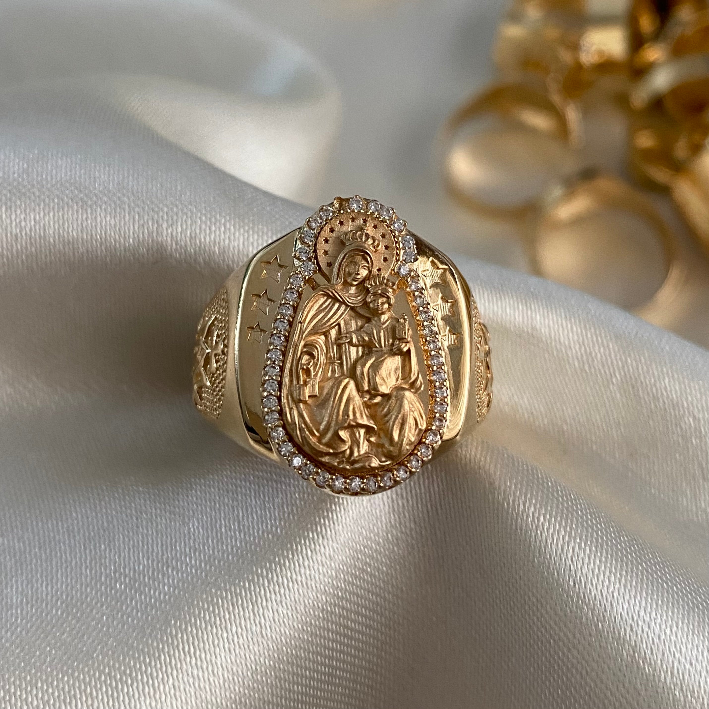 Anillo Virgen del Carmen 15.45gr-T11 Mate Circones Blancos Oro Amarillo