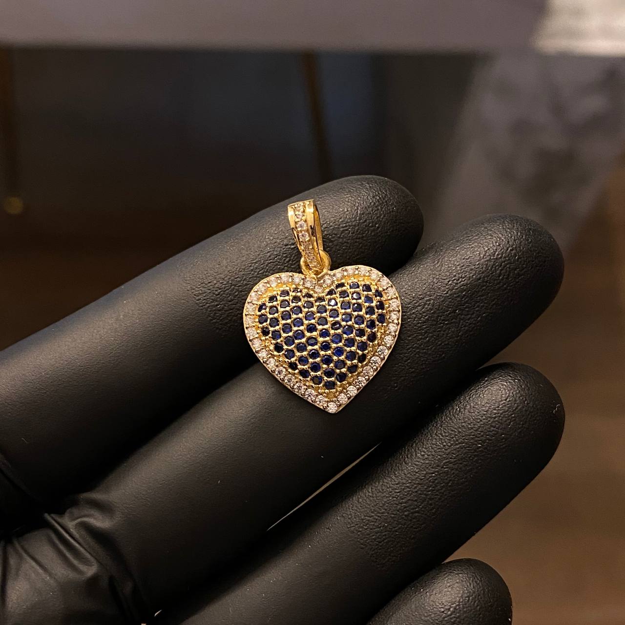 Dije Corazon 5.25gr/2.6cm Circones Azules Blancos Oro Amarillo*