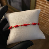 Pulsera Roja Siete Uniones Bolas 3mm Lisas Oro Amarillo*