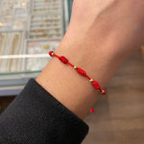 Pulsera Roja Siete Uniones Bolas 3mm Lisas Oro Amarillo*