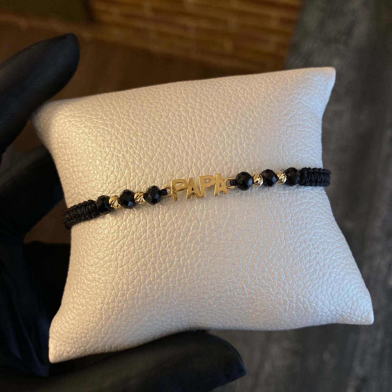 Pulsera Negra Papa Bolas 3mm Oro Amarillo*