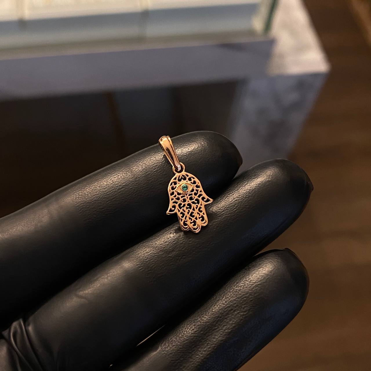 Dije Mano Hamsa  0.65gr / 2cm Circon Verde Oro Rosa Nac.Esp.*